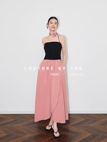 SUK rose season! One-shoulder tube top high-waisted long skirt slimming summer new irregular dress