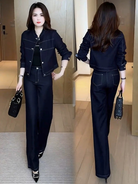 Fashion denim suit for women 2025 spring new style western temperament slim short jacket wide leg pants age-reducing two-piece suit