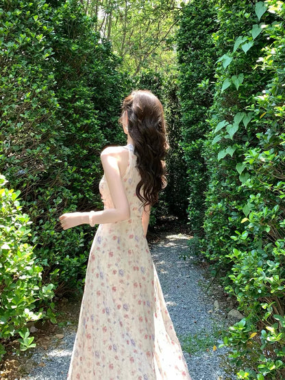 Romance of the Life [Pointillist Starlight] French Retro Halter Neck Dress for Women, Summer Floral Print Twisted Waist Fitted Long Dress