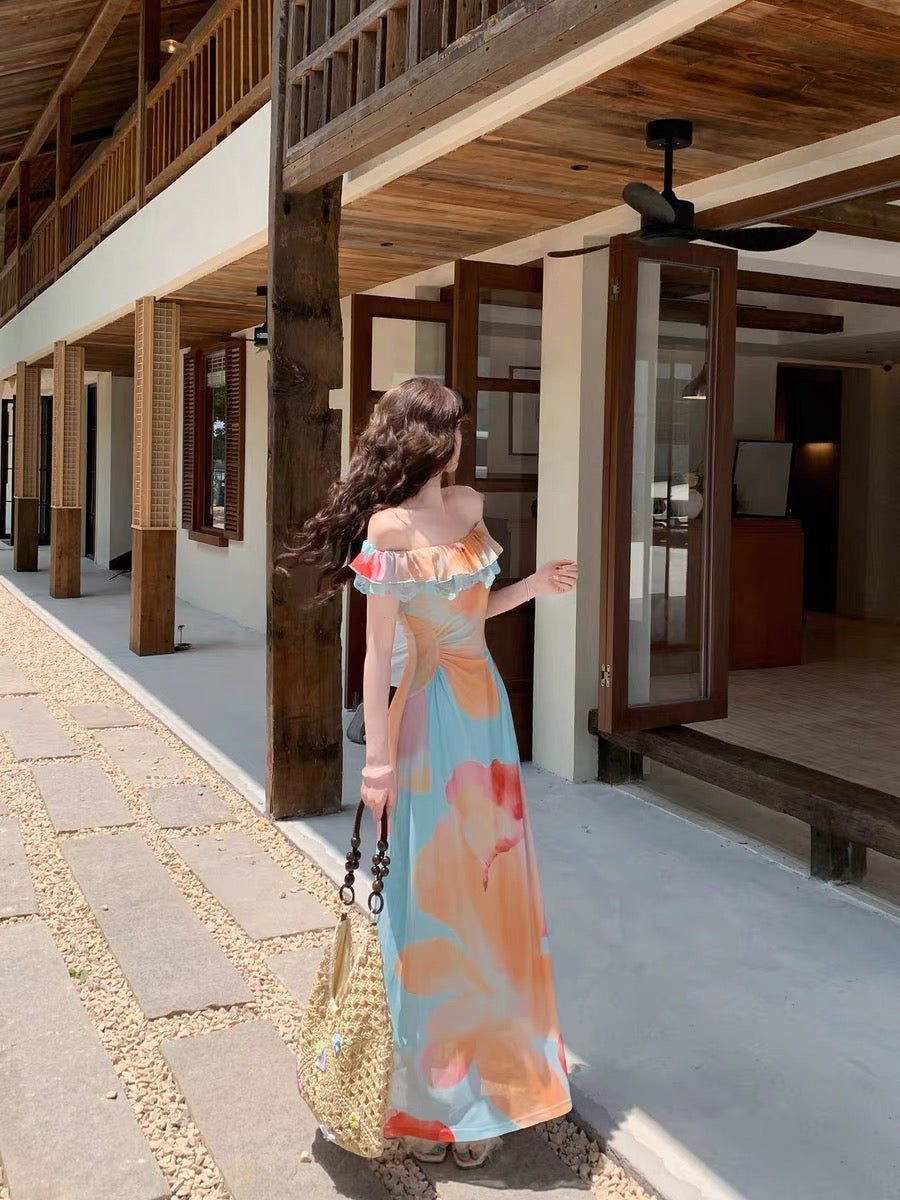 Now, a lifetime of romance [Mint Summer] French retro print dress for women, slimming off-shoulder long dress
