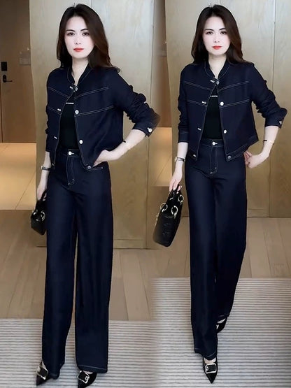 Fashion denim suit for women 2025 spring new style western temperament slim short jacket wide leg pants age-reducing two-piece suit
