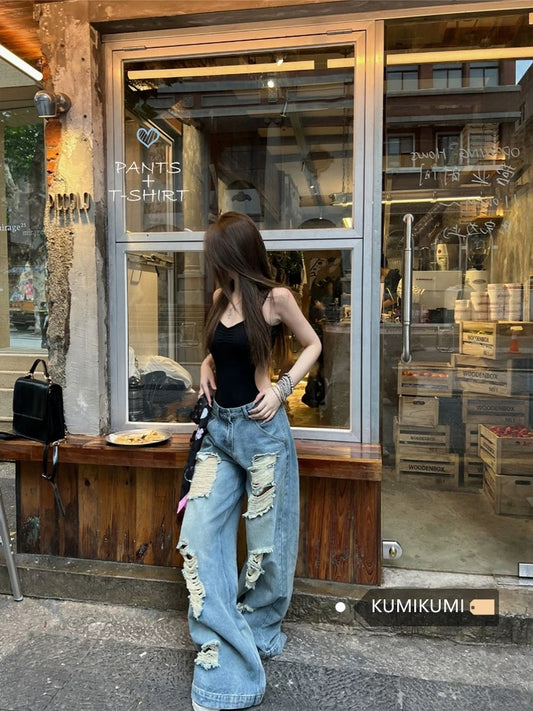 Kumikumi American careful backless camisole, summer ripped jeans