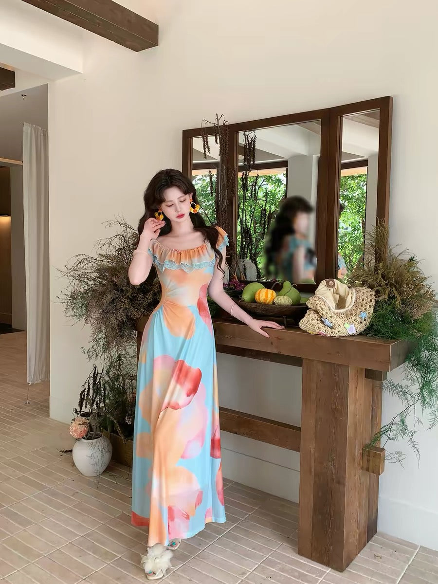 Now, a lifetime of romance [Mint Summer] French retro print dress for women, slimming off-shoulder long dress