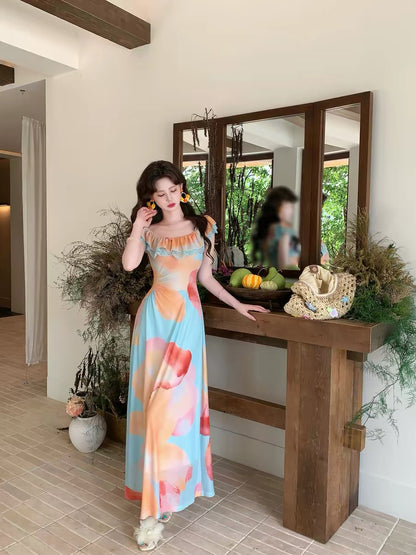 Now, a lifetime of romance [Mint Summer] French retro print dress for women, slimming off-shoulder long dress