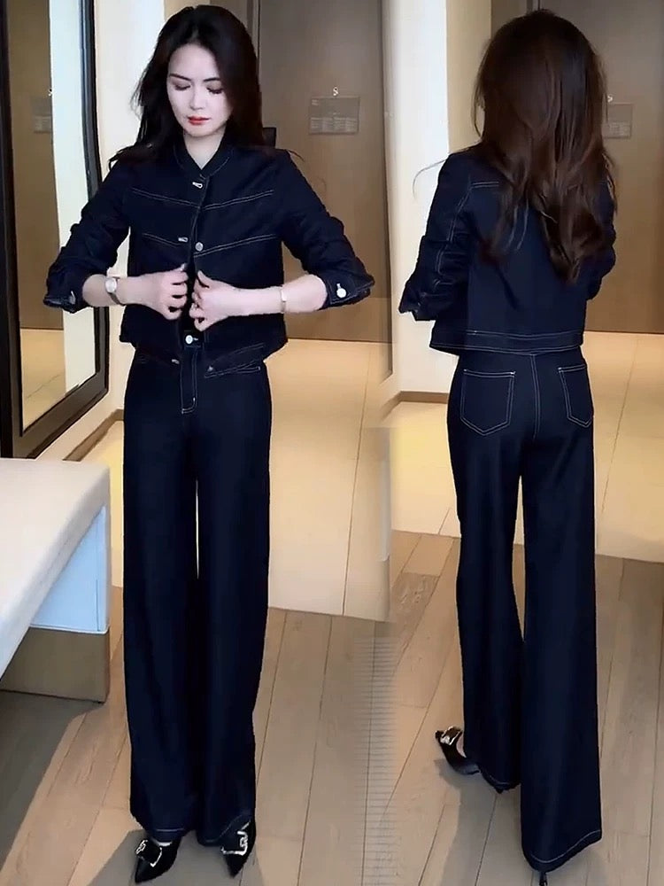 Fashion denim suit for women 2025 spring new style western temperament slim short jacket wide leg pants age-reducing two-piece suit
