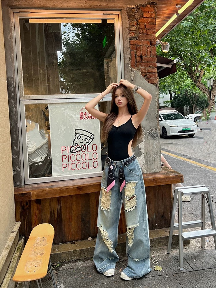 Kumikumi American careful backless camisole, summer ripped jeans