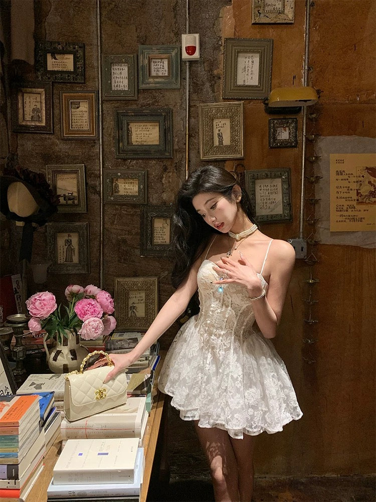 Barb Chill white lace dress for women in spring pure desire style slim waist French puffy princess dress