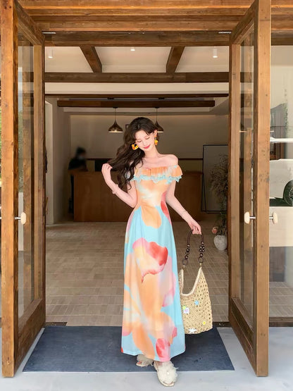 Now, a lifetime of romance [Mint Summer] French retro print dress for women, slimming off-shoulder long dress