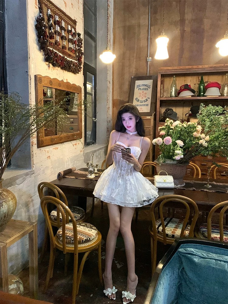 Barb Chill white lace dress for women in spring pure desire style slim waist French puffy princess dress