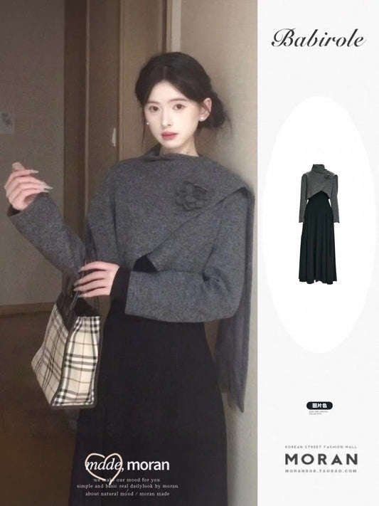 2025 New Arrival - Stunningly Beautiful High-End Autumn/Winter Outfit Set: Exquisite Gray Shawl Dress