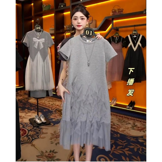 【linda】【1】Summer fashion splicing gray high-end temperament goddess dress JC-A1650