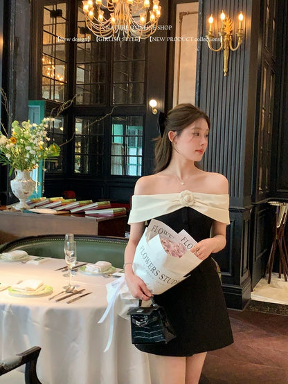 Yang Xiaojuan French style daughter-in-law one-shoulder dress female Hepburn style black mini dress birthday dress