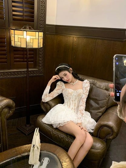 Barb Chill white lace dress for women in spring pure desire style slim waist French puffy princess dress
