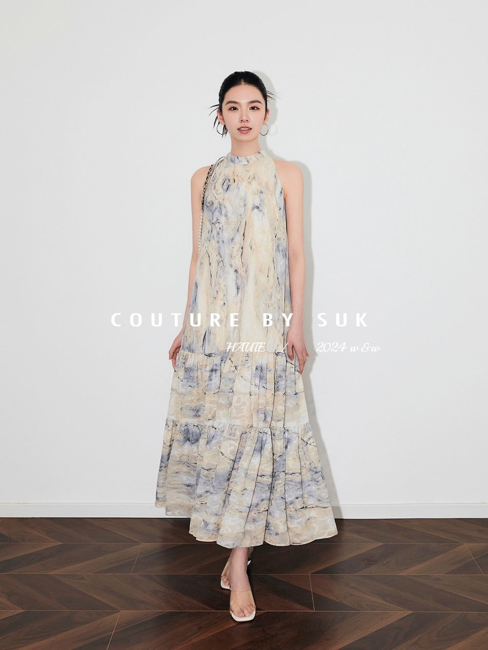SUK Art Museum! Versatile niche print slimming lace-up bow sleeveless top dress for women