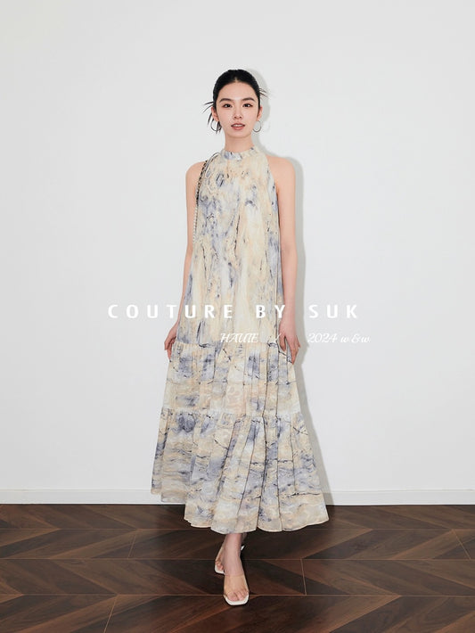 SUK Art Museum! Versatile niche print slimming lace-up bow sleeveless top dress for women