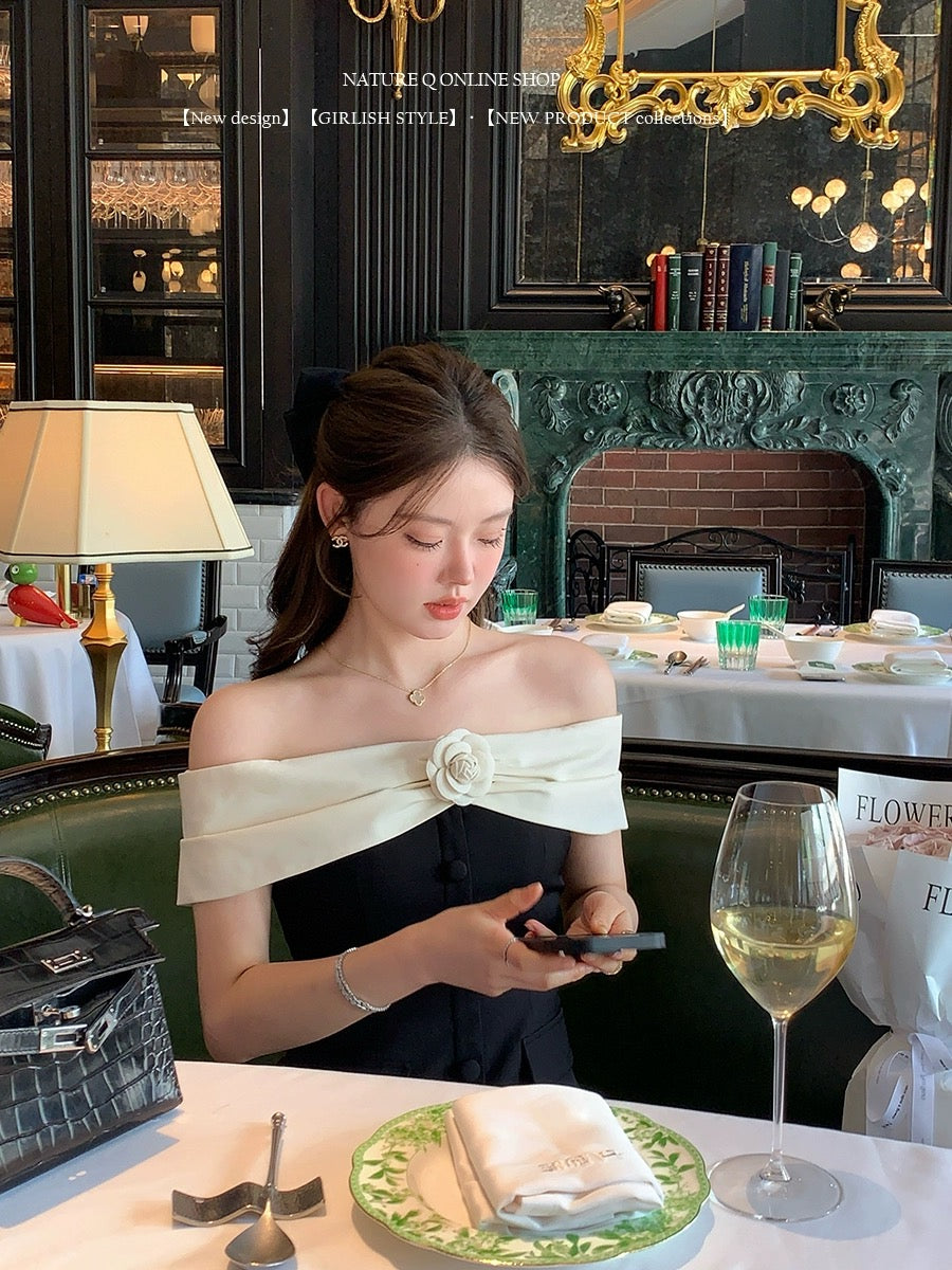 Yang Xiaojuan French style daughter-in-law one-shoulder dress female Hepburn style black mini dress birthday dress