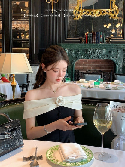 Yang Xiaojuan French style daughter-in-law one-shoulder dress female Hepburn style black mini dress birthday dress