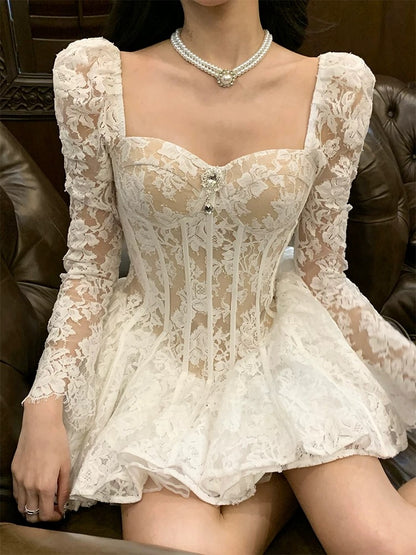 Barb Chill white lace dress for women in spring pure desire style slim waist French puffy princess dress