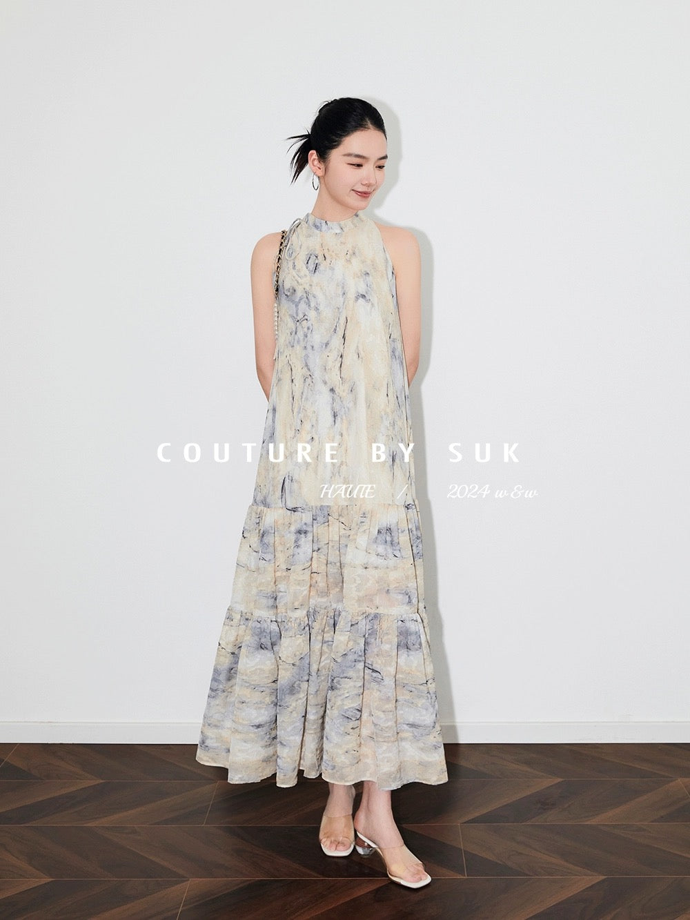 SUK Art Museum! Versatile niche print slimming lace-up bow sleeveless top dress for women