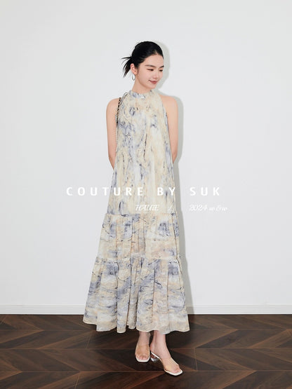 SUK Art Museum! Versatile niche print slimming lace-up bow sleeveless top dress for women