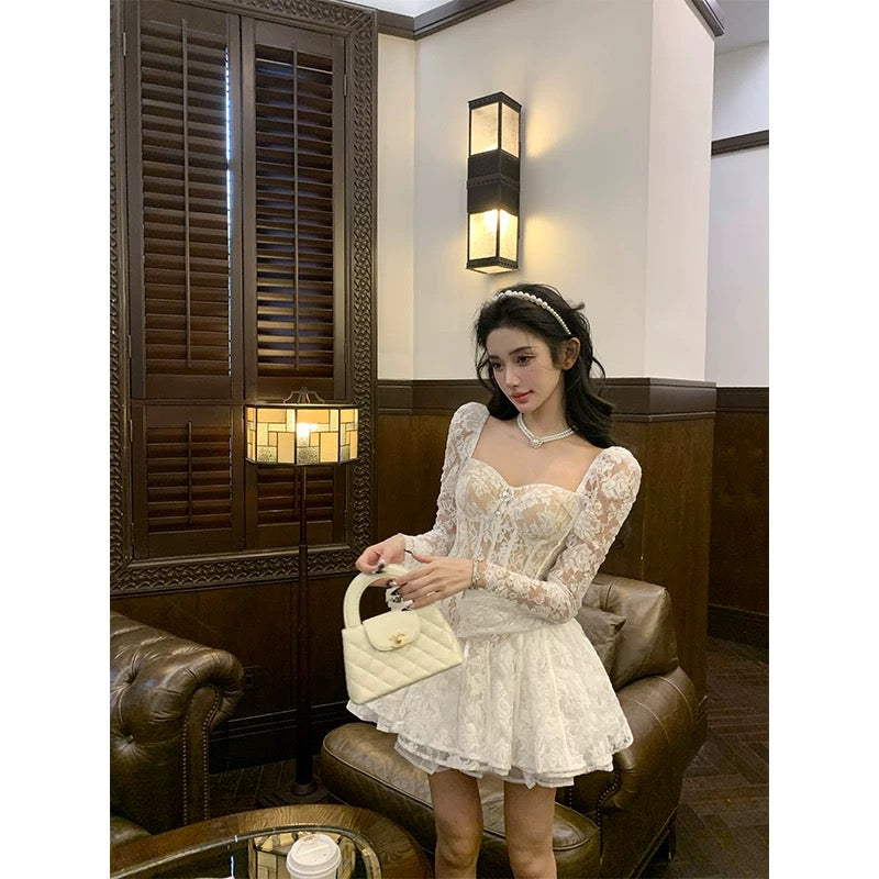 Barb Chill white lace dress for women in spring pure desire style slim waist French puffy princess dress