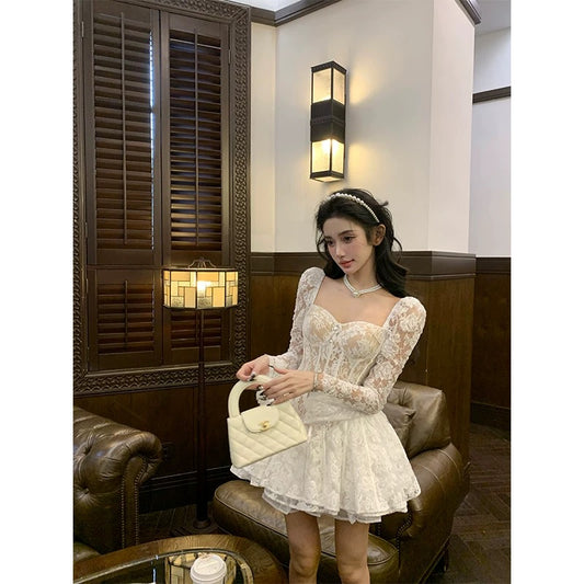 Barb Chill white lace dress for women in spring pure desire style slim waist French puffy princess dress