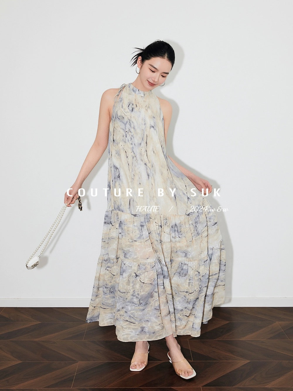 SUK Art Museum! Versatile niche print slimming lace-up bow sleeveless top dress for women