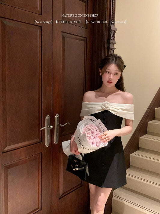Yang Xiaojuan French style daughter-in-law one-shoulder dress female Hepburn style black mini dress birthday dress
