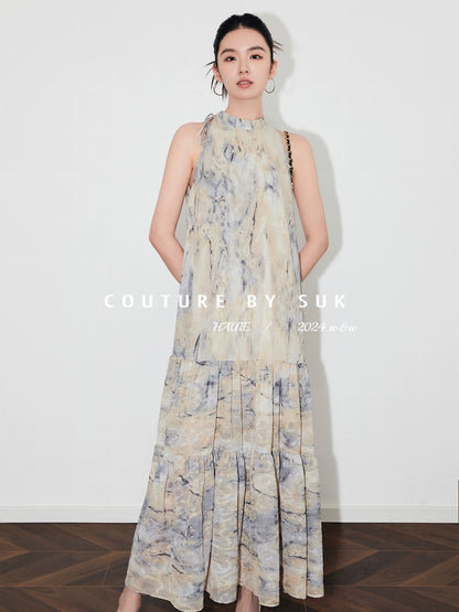 SUK Art Museum! Versatile niche print slimming lace-up bow sleeveless top dress for women