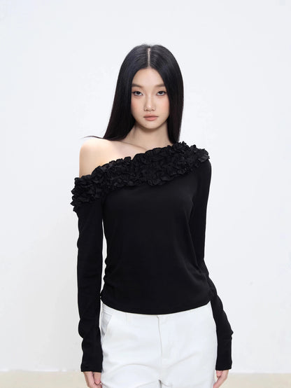 WITHMIN off-shoulder top off-shoulder hot girl autumn new slim bottoming shirt female inner wear black long-sleeved T-shirt