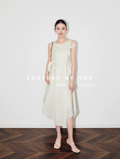 SUK Time Butterfly Dance! Bow-tie French Hepburn style waist slimming sleeveless dress for women