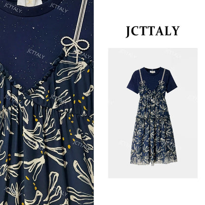 【linda】【66】A-line mountain flower blooming sling fake two-piece fashionable summer dress JC-A3543