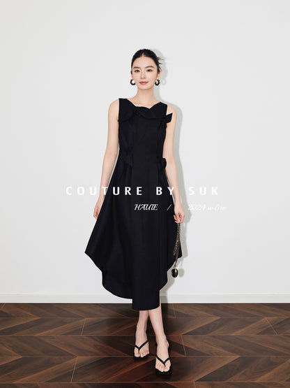 SUK Time Butterfly Dance! Bow-tie French Hepburn style waist slimming sleeveless dress for women
