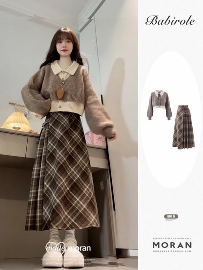 Preppy style knitted sweater set dress for girls, 2025 new autumn and winter style, petite, Korean style outfit.