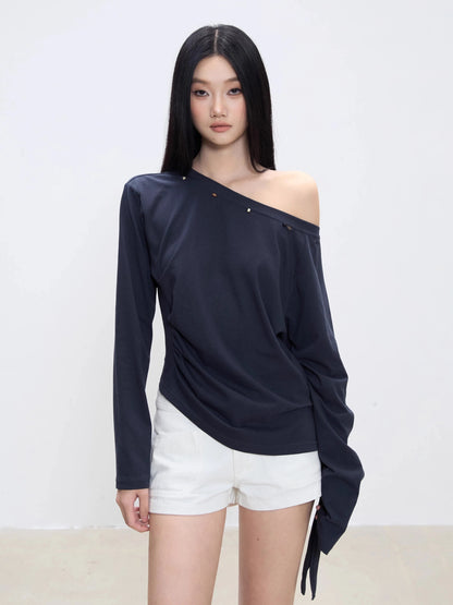 WITHMIN oblique shoulder top autumn 2025 new loose slim shoulder sexy hot girl inner wear female bottoming shirt