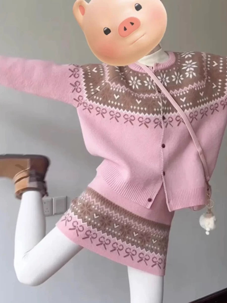 Lazy Style Pink Jacquard Sweater and Knit Skirt Set for Women, New Autumn Style, Loose Top and Skirt Two-Piece Set