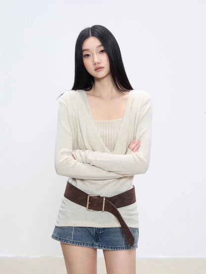WITHMIN long-sleeved bottoming shirt for women in autumn new loose slim casual fake two-piece top sweater