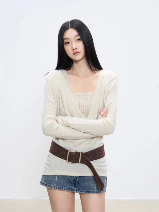 WITHMIN long-sleeved bottoming shirt for women in autumn new loose slim casual fake two-piece top sweater