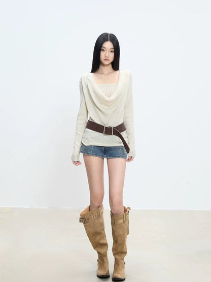 WITHMIN long-sleeved bottoming shirt for women in autumn new loose slim casual fake two-piece top sweater