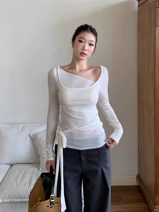 WITHMIN white women's T-shirt long-sleeved autumn slim fit bottoming shirt women's inner design niche top