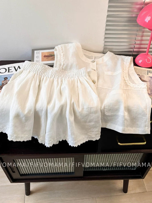 This year's popular fashion linen suits for women summer French retro sleeveless vest vest cotton and linen shorts two-piece suit