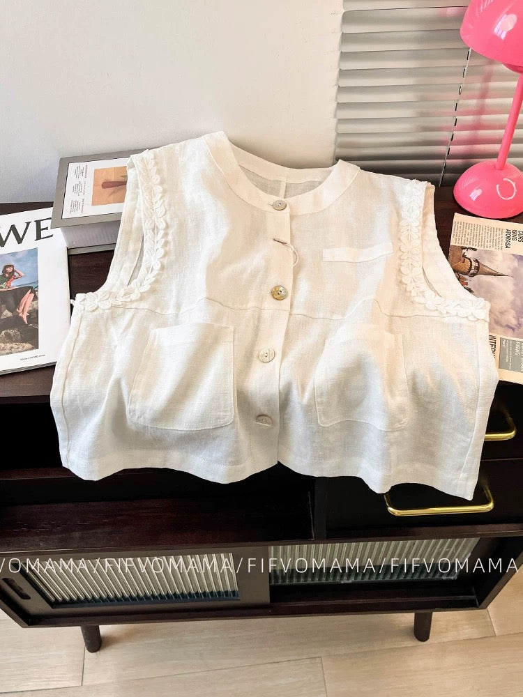 This year's popular fashion linen suits for women summer French retro sleeveless vest vest cotton and linen shorts two-piece suit