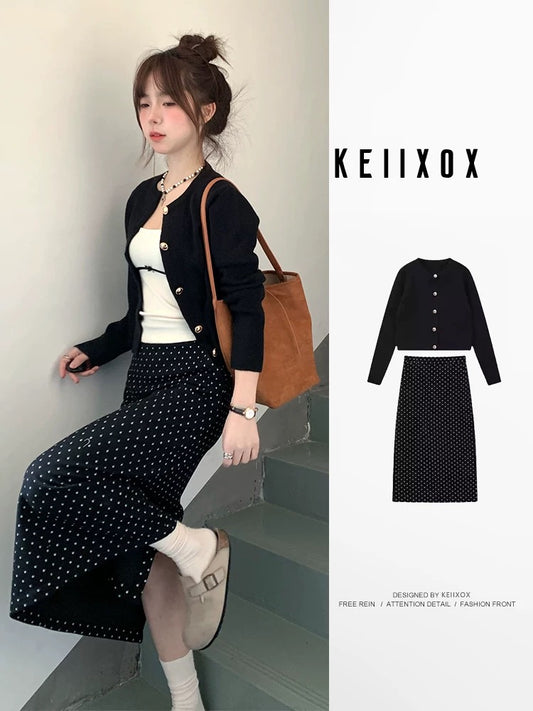 A complete Korean-style outfit for petite women, featuring a knitted cardigan and polka-dot skirt, perfect for early spring 2025.