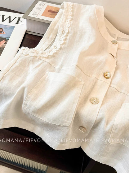This year's popular fashion linen suits for women summer French retro sleeveless vest vest cotton and linen shorts two-piece suit