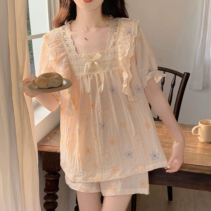 Sweet girly style pure cotton gauze pajamas for women summer short-sleeved shorts set cute cartoon home clothes can be worn outside