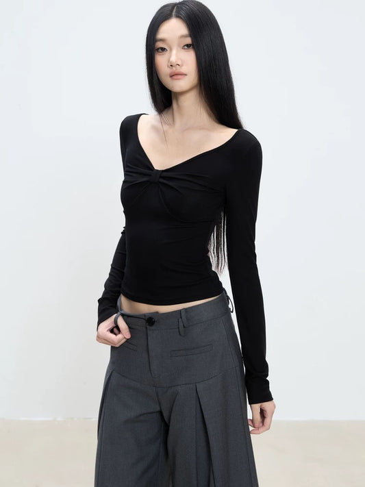 WITHMIN straight shoulder women's T-shirt autumn new slim bottoming shirt women's inner short black top women's long sleeve