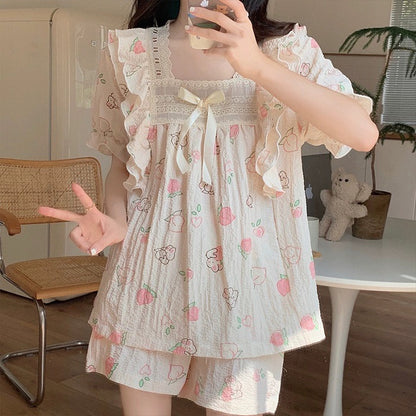Sweet girly style pure cotton gauze pajamas for women summer short-sleeved shorts set cute cartoon home clothes can be worn outside