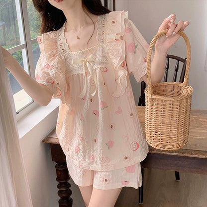 Sweet girly style pure cotton gauze pajamas for women summer short-sleeved shorts set cute cartoon home clothes can be worn outside