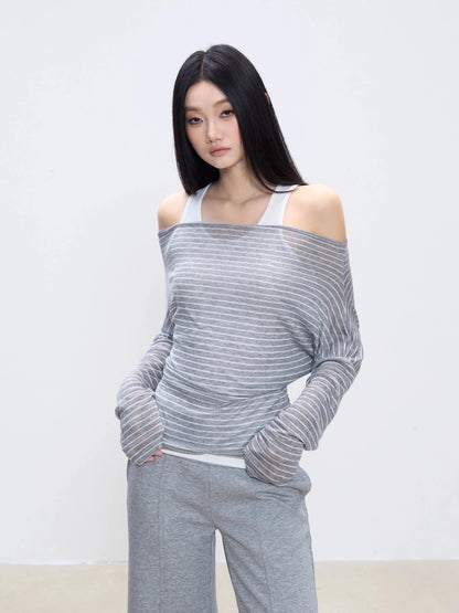 WITHMIN one-shoulder top summer thin striped sunscreen blouse real two-piece white camisole sleeveless