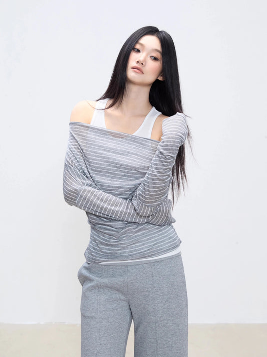 WITHMIN one-shoulder top summer thin striped sunscreen blouse real two-piece white camisole sleeveless
